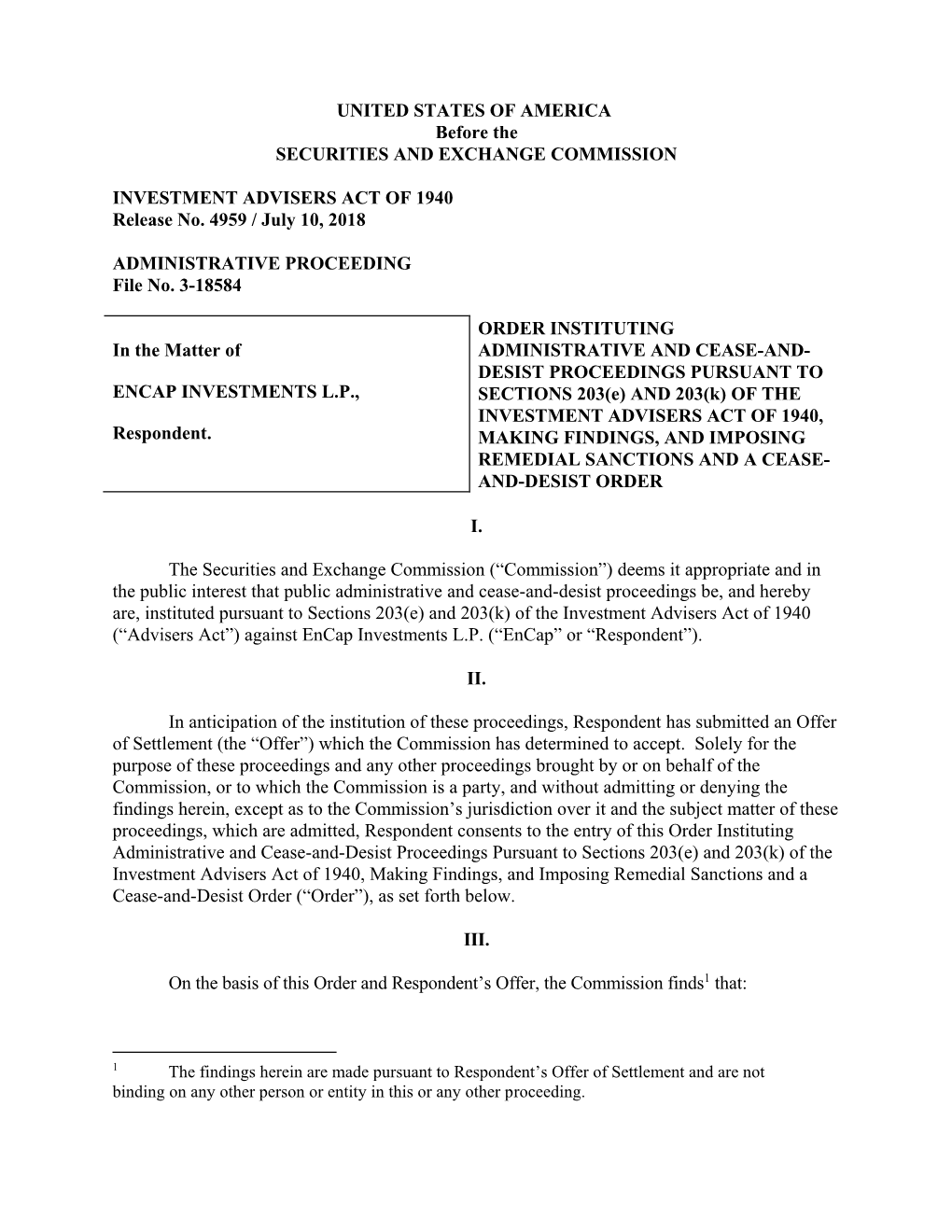 ENCAP INVESTMENTS L.P., SECTIONS 203(E) and 203(K) of the INVESTMENT ADVISERS ACT of 1940, Respondent