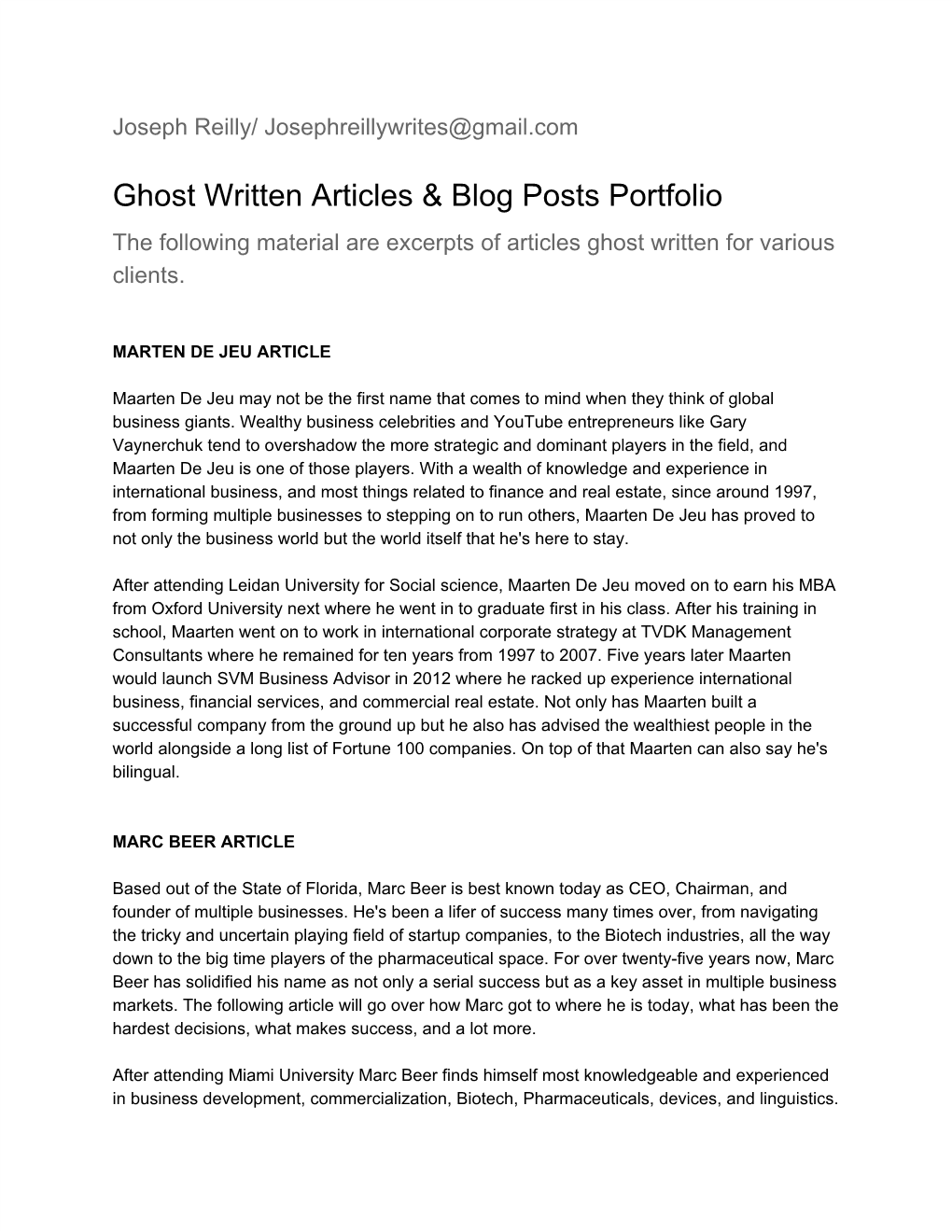 Ghost Written Articles & Blog Posts Portfolio