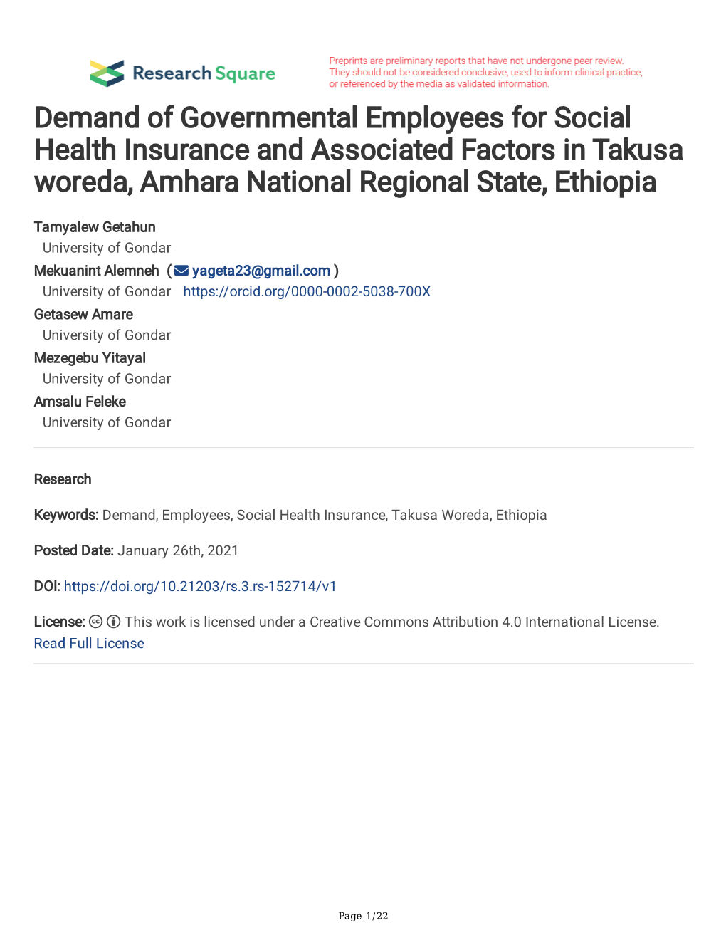 Demand of Governmental Employees for Social Health Insurance and Associated Factors in Takusa Woreda, Amhara National Regional State, Ethiopia