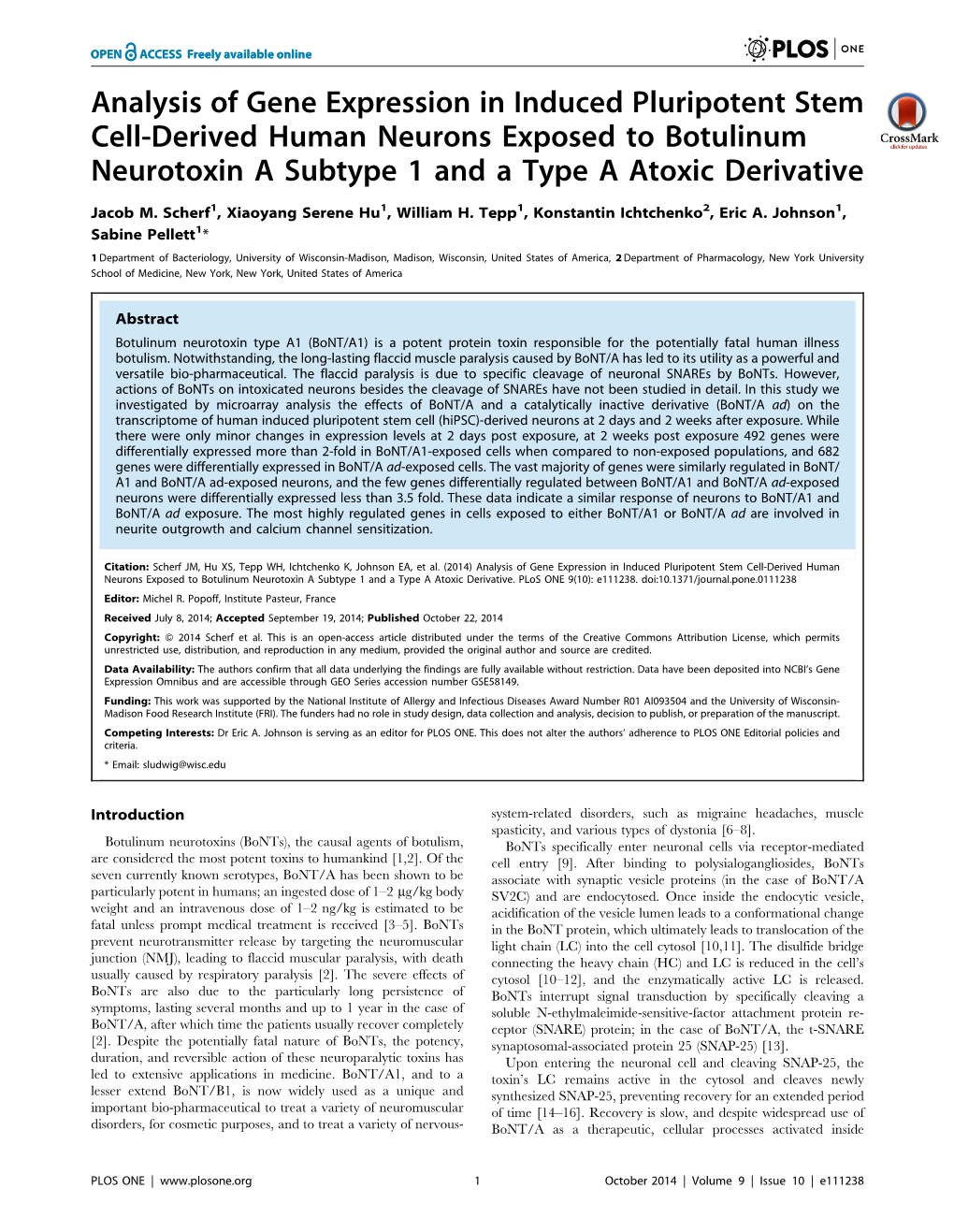 Analysis of Gene Expression in Induced Pluripotent Stem Cell-Derived Human Neurons Exposed to Botulinum Neurotoxin a Subtype 1 and a Type a Atoxic Derivative