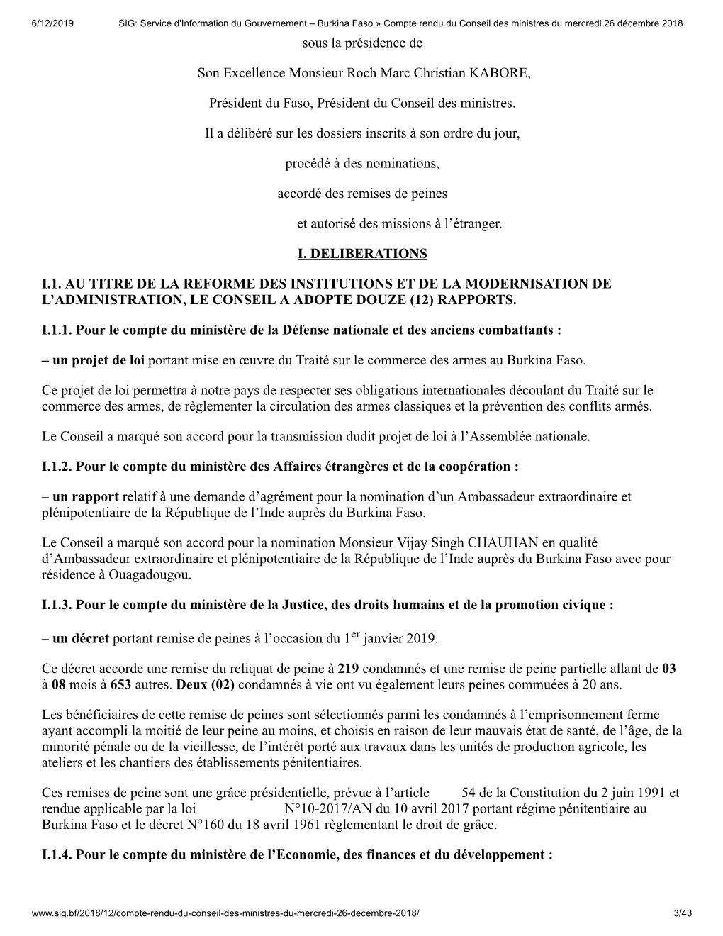 Compte Rendu Du Conseil Des Ministres Du Mercredi 26 Décembre 2018 Sous La Présidence De