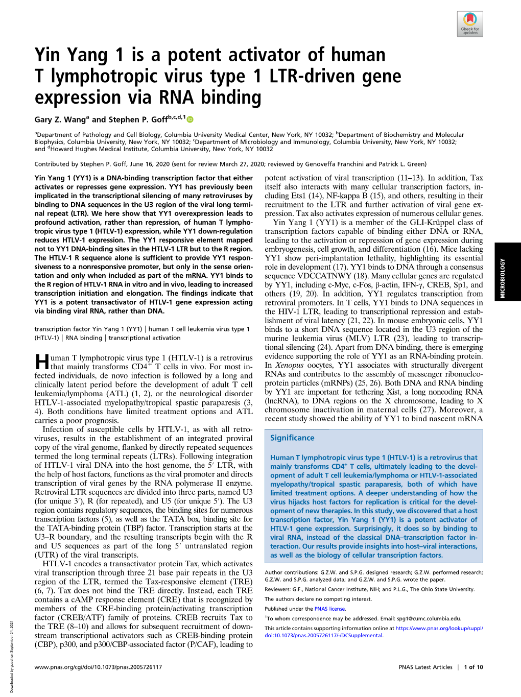 Yin Yang 1 Is a Potent Activator of Human T Lymphotropic Virus Type 1 LTR-Driven Gene Expression Via RNA Binding