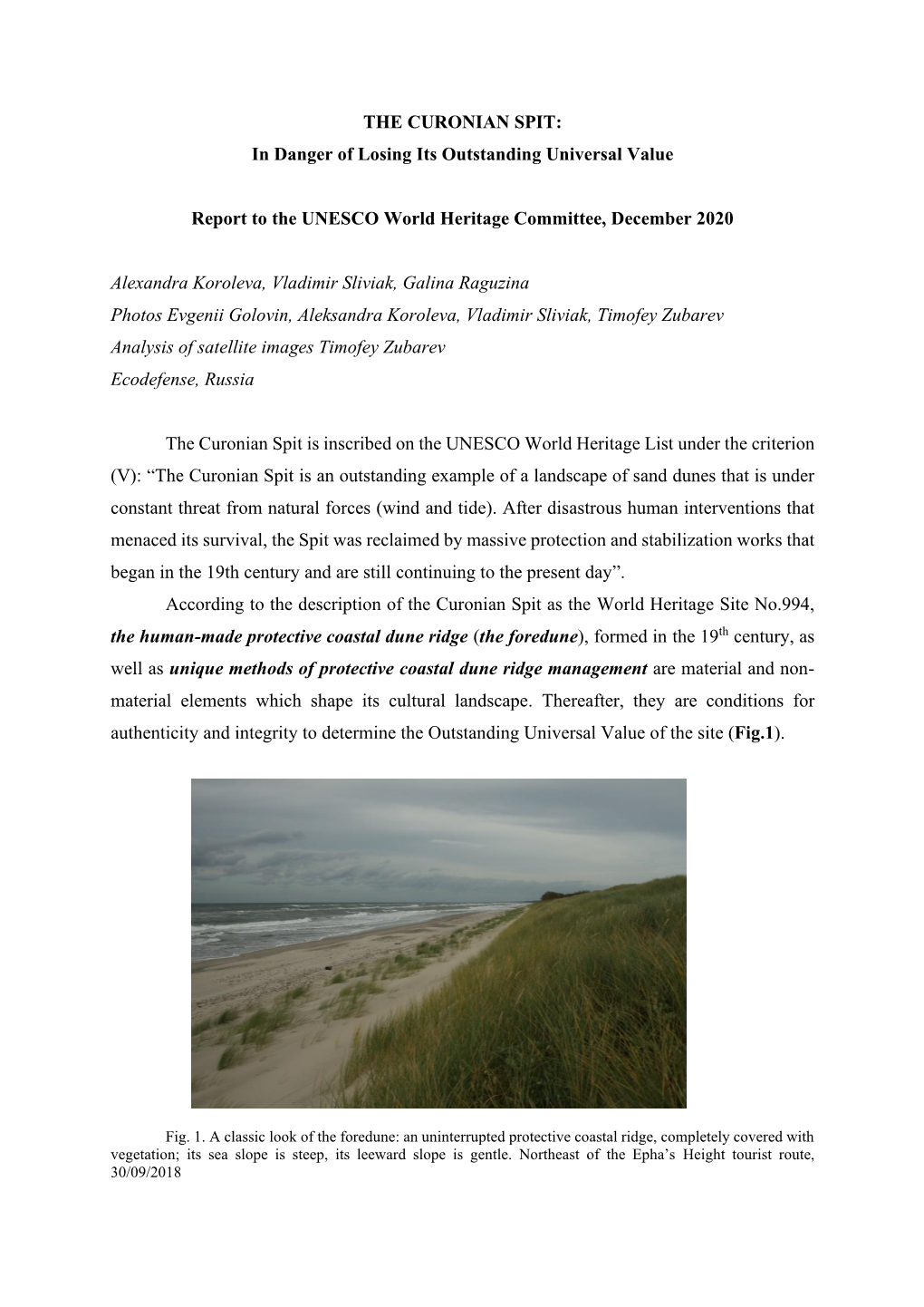 THE CURONIAN SPIT: in Danger of Losing Its Outstanding Universal Value Report to the UNESCO World Heritage Committee, December