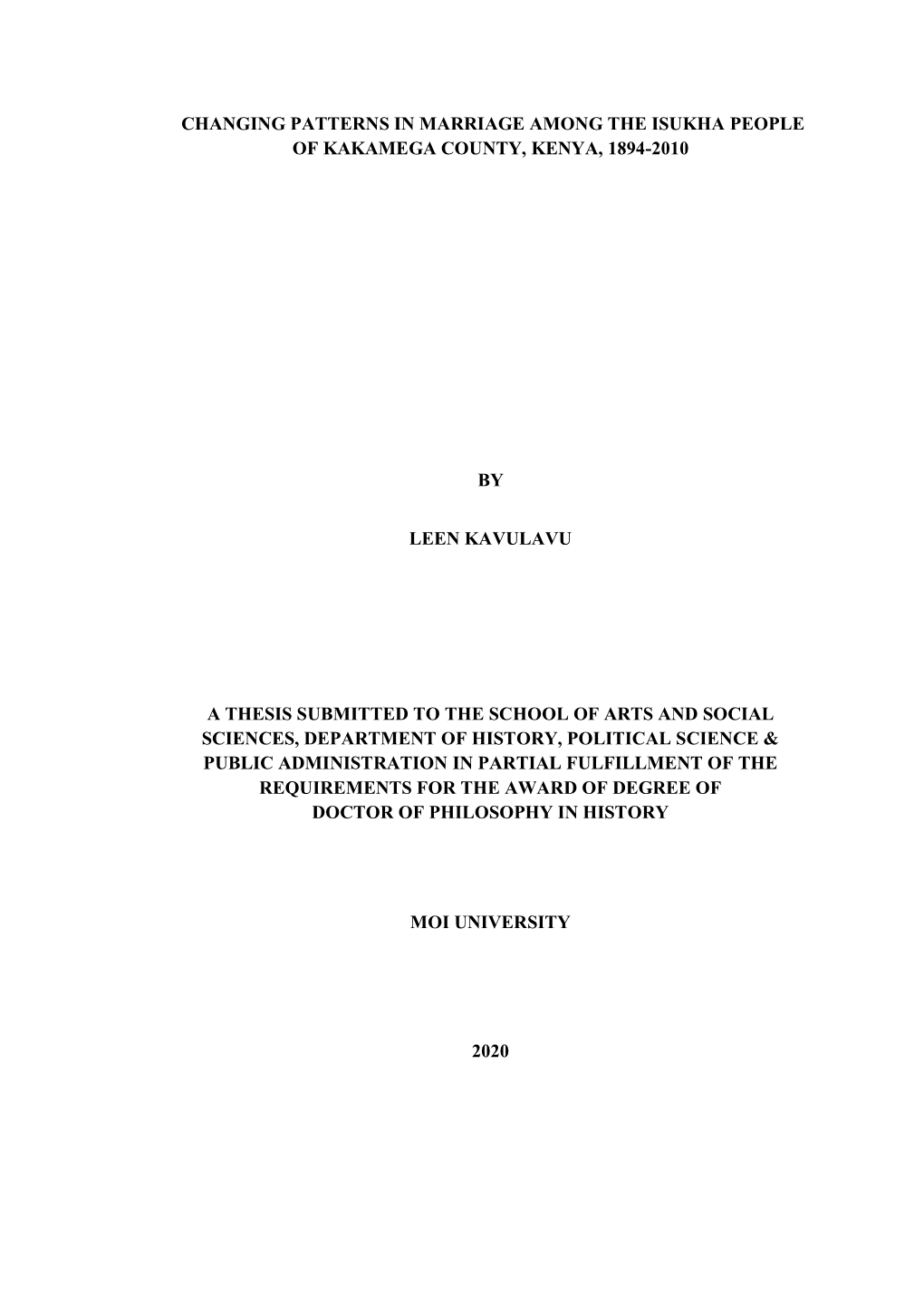 Changing Patterns in Marriage Among the Isukha People of Kakamega County, Kenya, 1894-2010