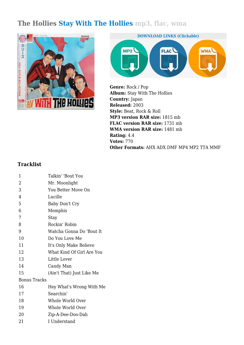 The Hollies Stay with the Hollies Mp3, Flac, Wma