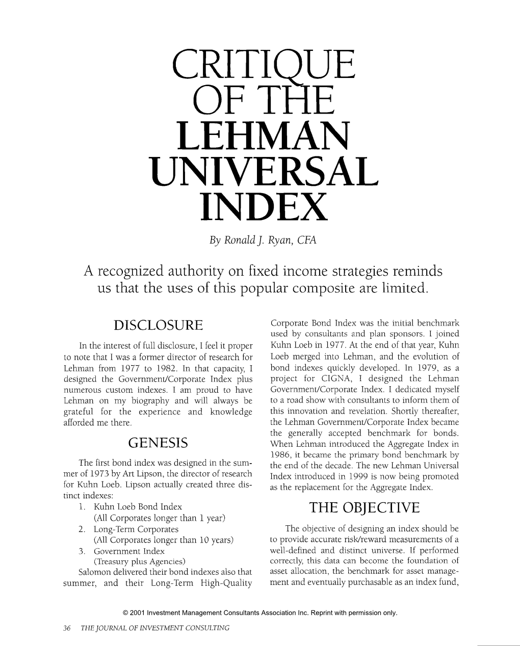 LEHMAN UNIVERSAL INDEX by Ronald]