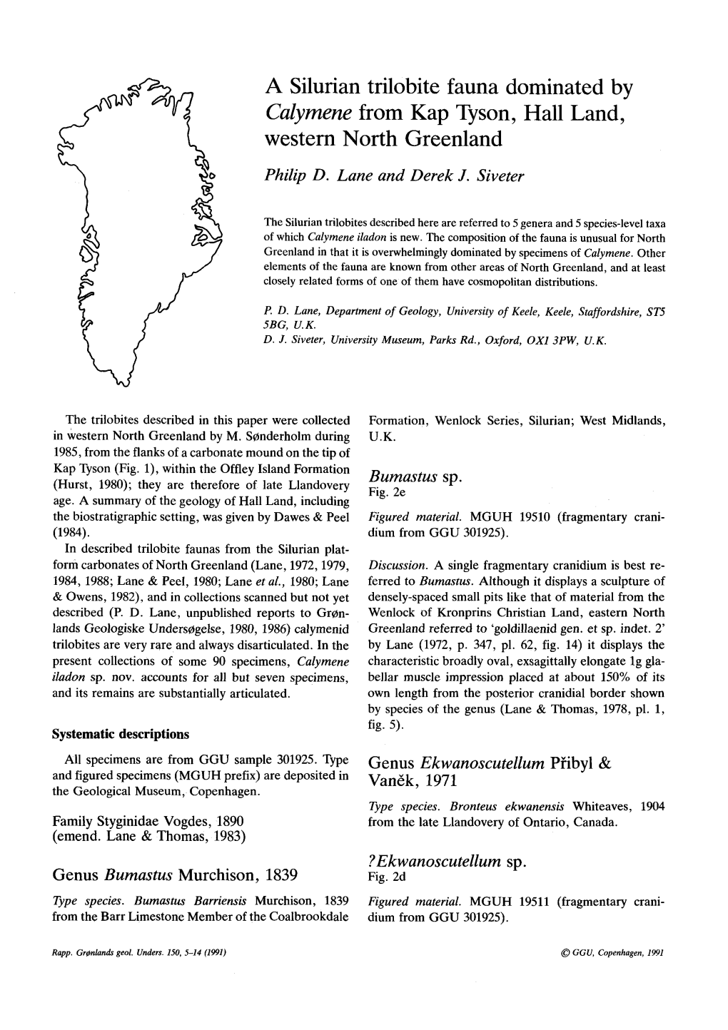 A Silurian Trilobite Fauna Dominated by Calymene from Kap Tyson, Western North Greenland