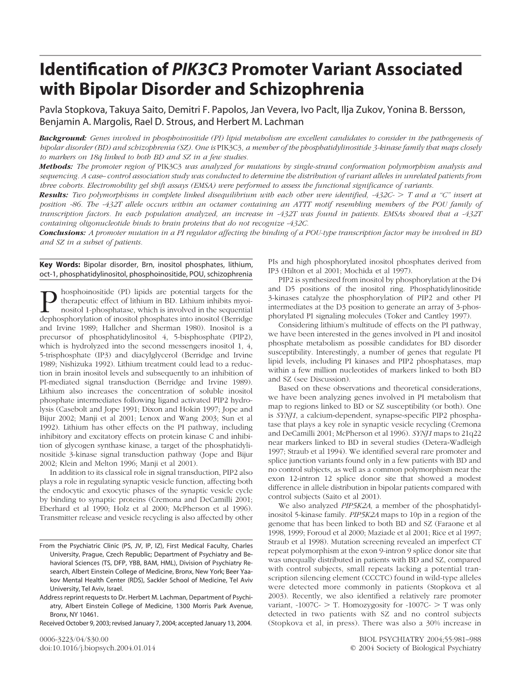 Identification of PIK3C3 Promoter Variant Associated with Bipolar