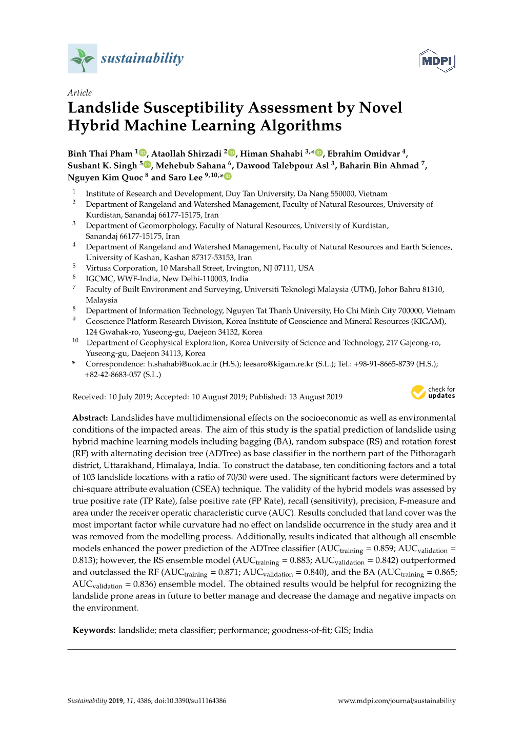 Landslide Susceptibility Assessment by Novel Hybrid Machine Learning Algorithms