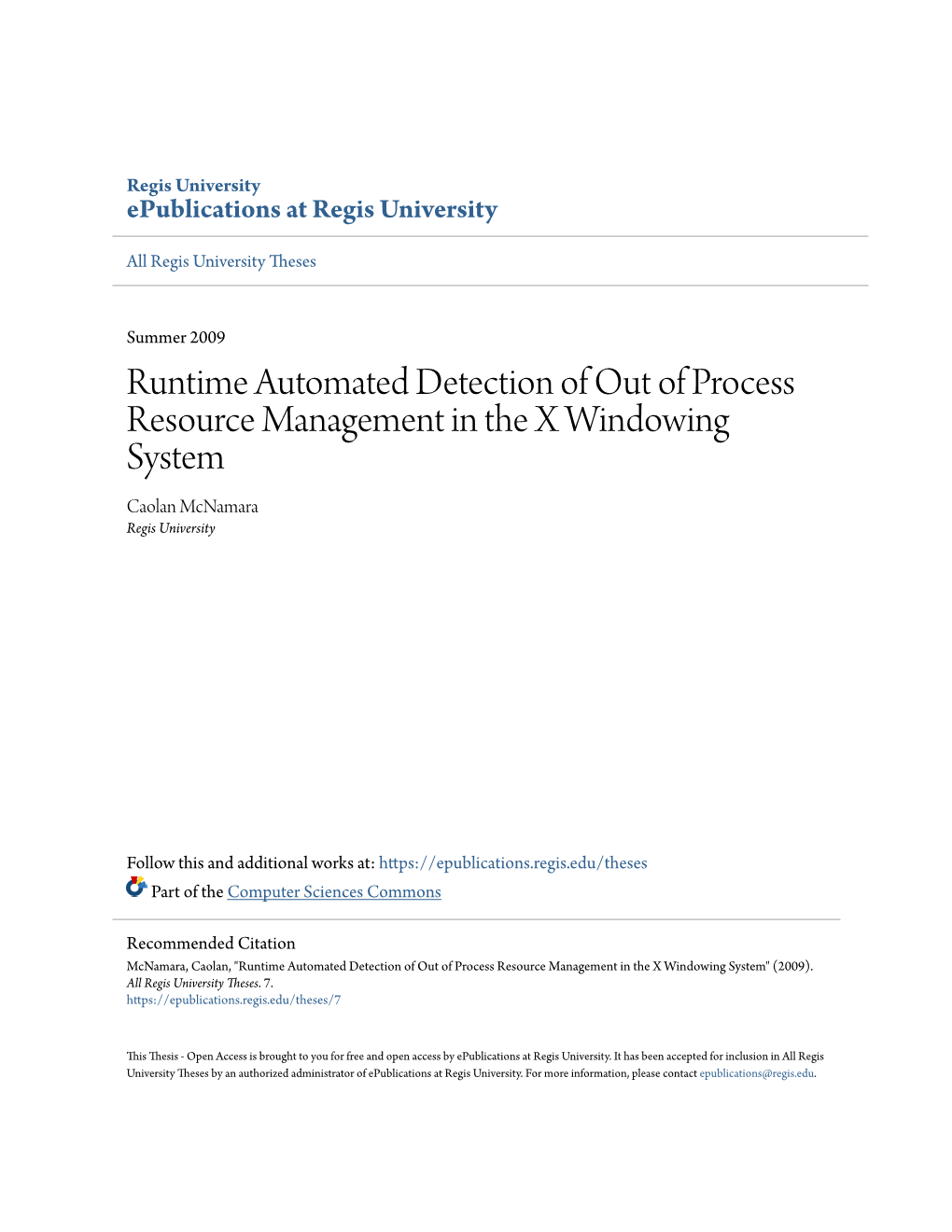 Runtime Automated Detection of out of Process Resource Management in the X Windowing System Caolan Mcnamara Regis University