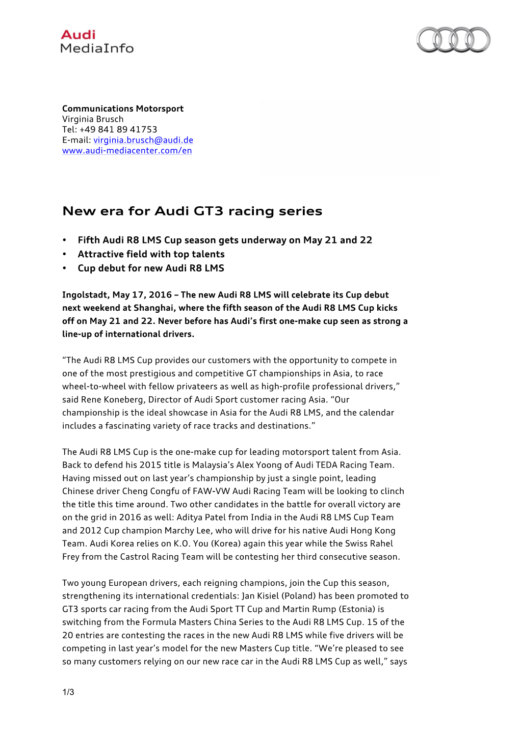 New Era for Audi GT3 Racing Series