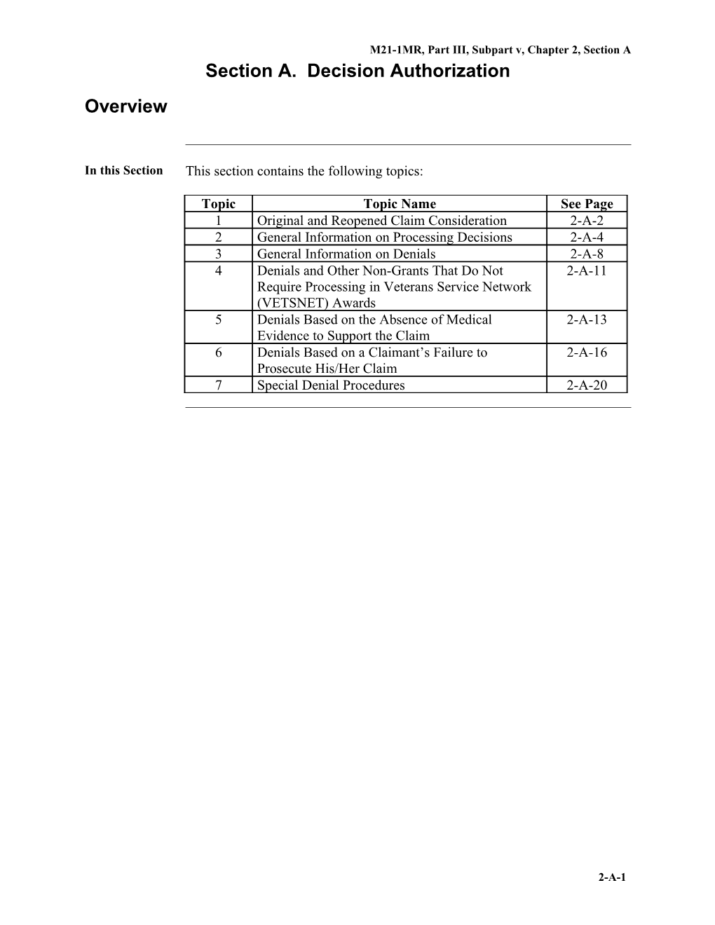 M21-1MR, Part III, Subpart V, Chapter 2, Section A