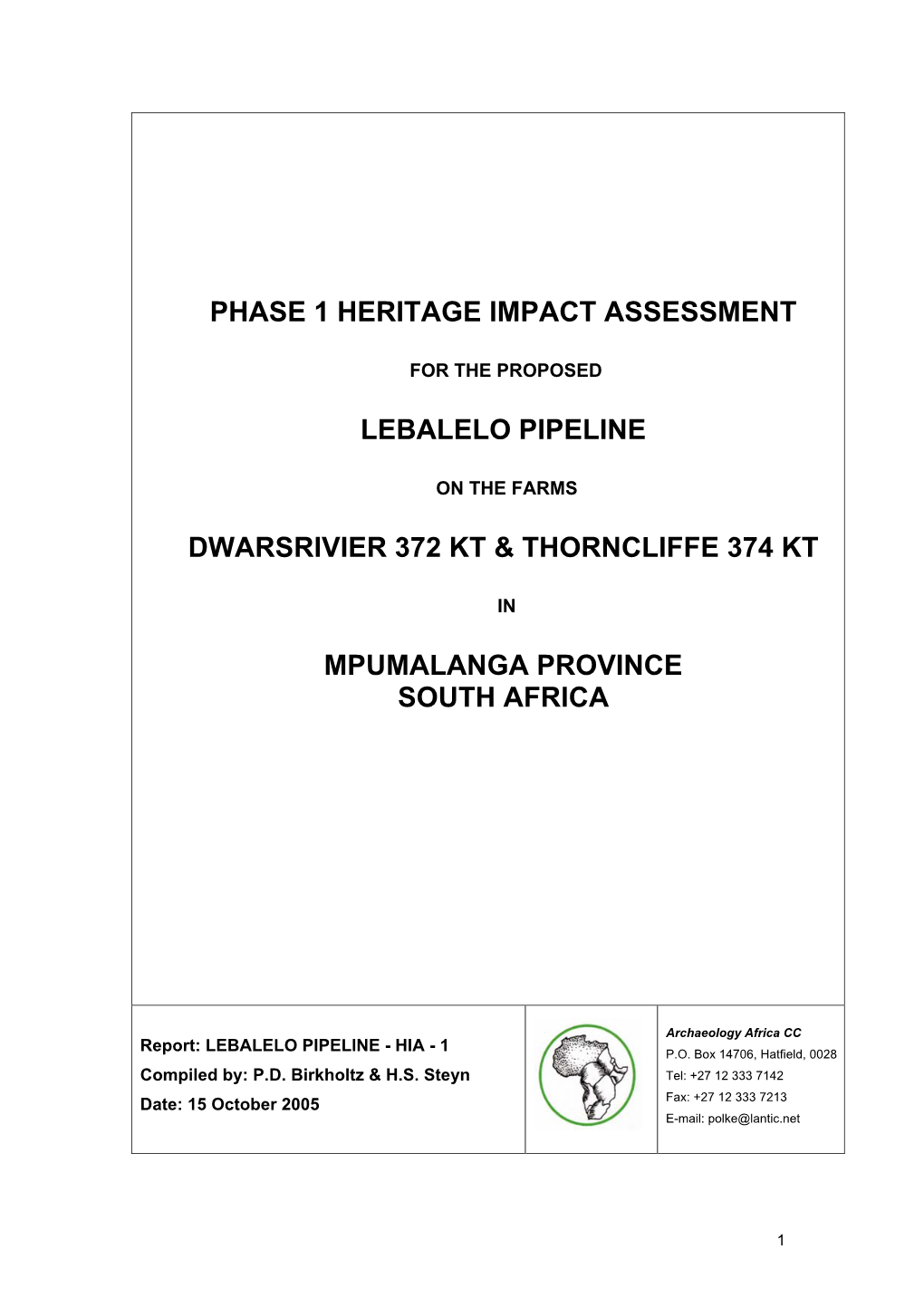 Phase 1 Heritage Impact Assessment Lebalelo