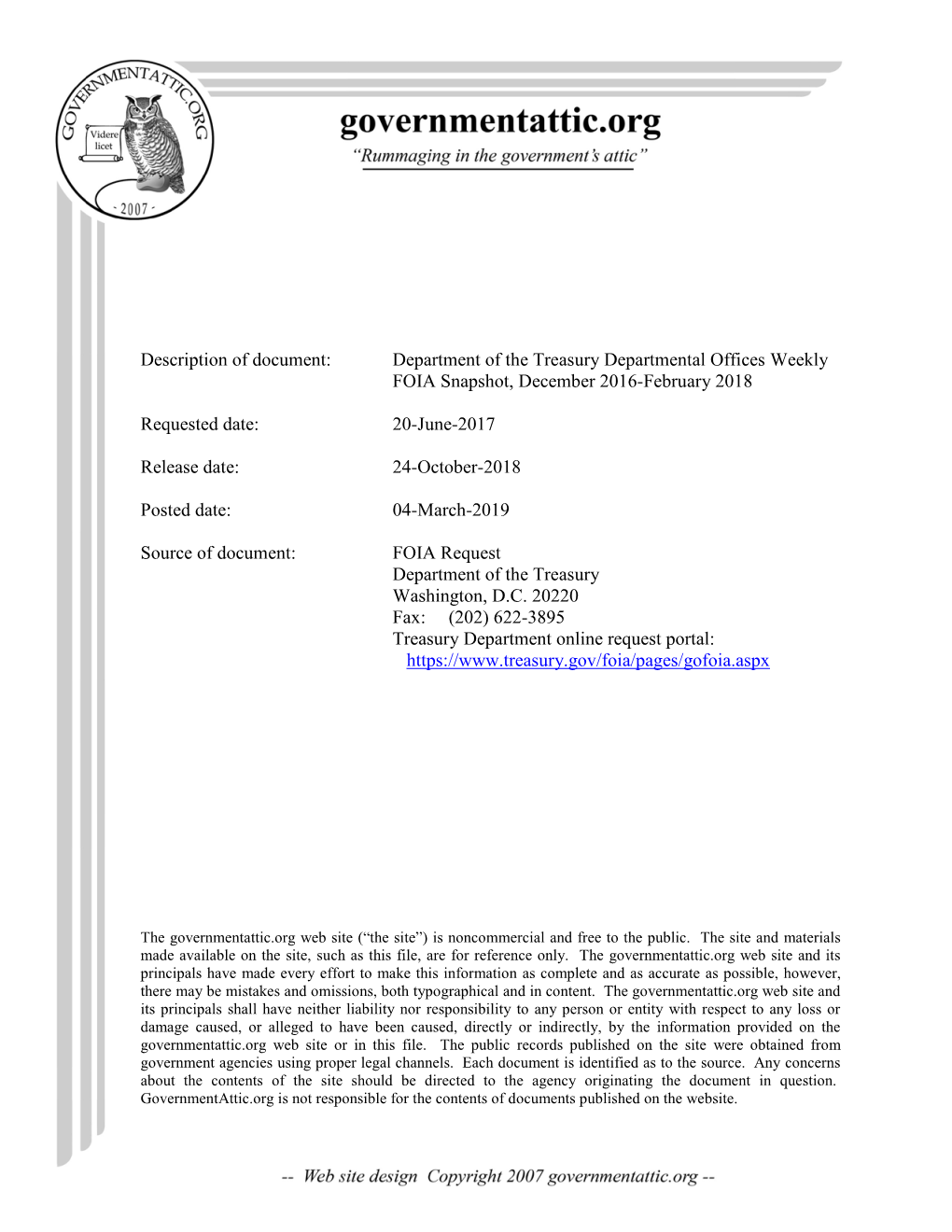 Department of the Treasury Departmental Offices Weekly FOIA Snapshot, December 2016-February 2018