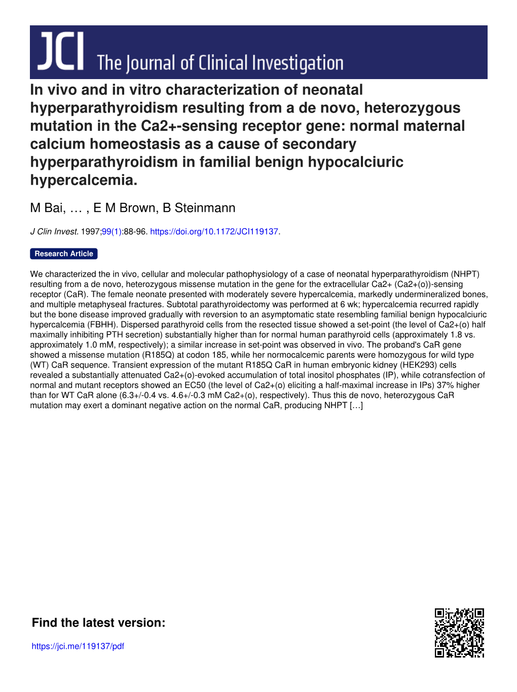 In Vivo and in Vitro Characterization of Neonatal Hyperparathyroidism