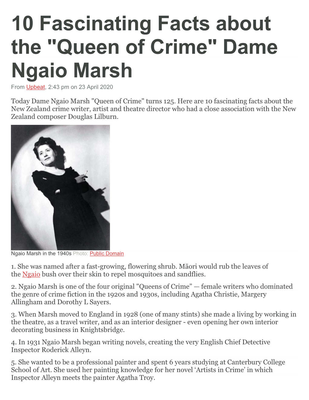 Dame Ngaio Marsh from Upbeat, 2:43 Pm on 23 April 2020