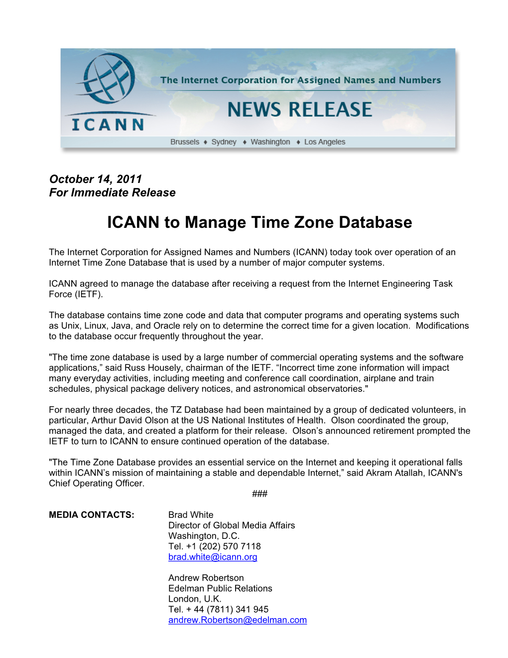 ICANN to Manage Time Zone Database