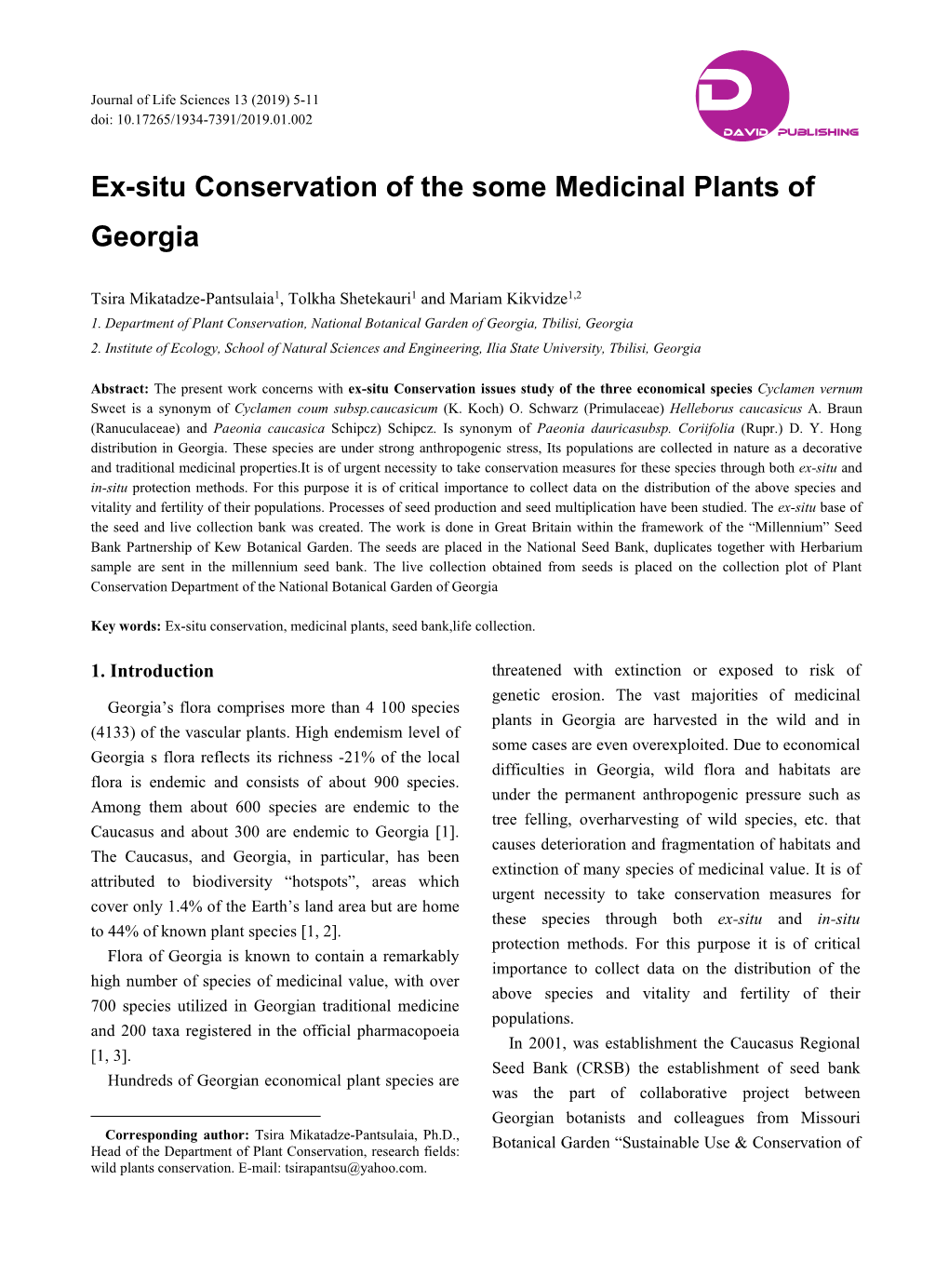 Ex-Situ Conservation of the Some Medicinal Plants of Georgia