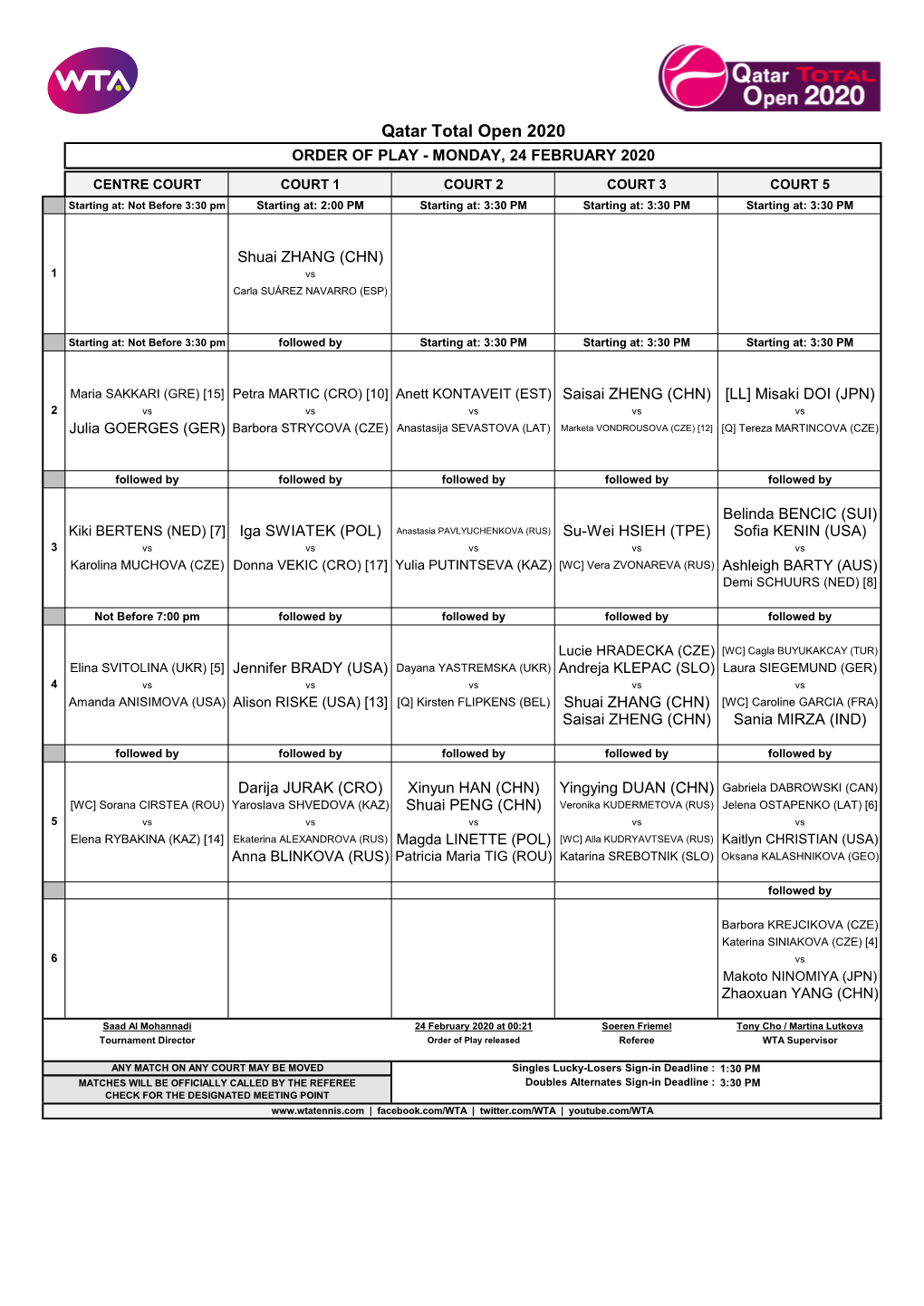 Qatar Total Open 2020 ORDER of PLAY - MONDAY, 24 FEBRUARY 2020