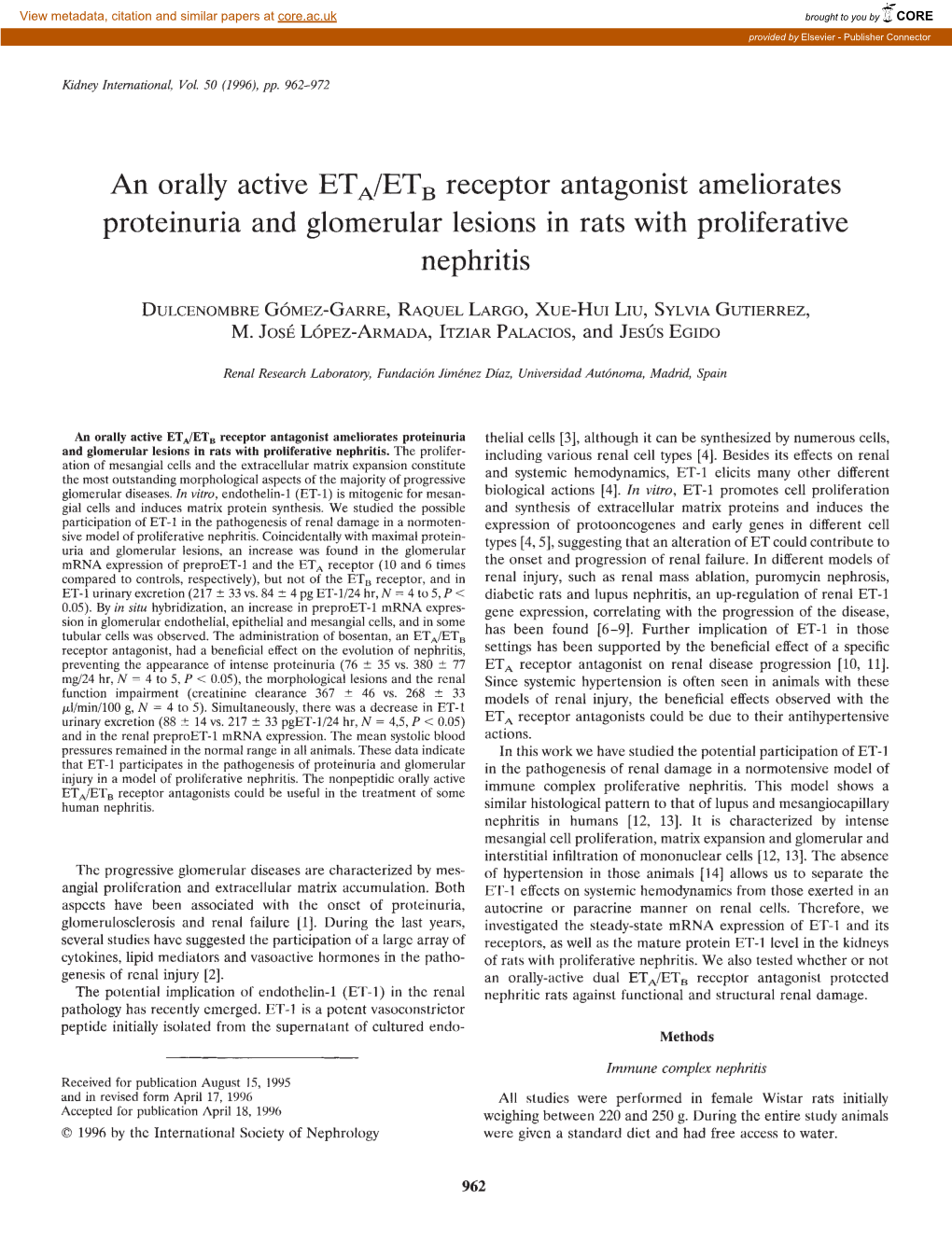 An Orally Active ETA/ETB Receptor Antagonist Ameliorates Proteinuria and Glomerular Lesions in Rats with Proliferative Nephritis