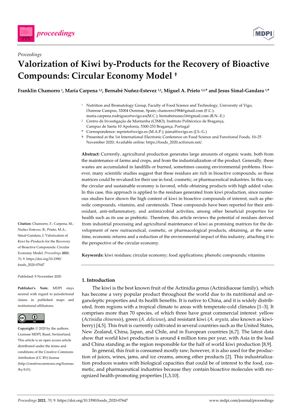 Valorization of Kiwi By-Products for the Recovery of Bioactive Compounds: Circular Economy Model †