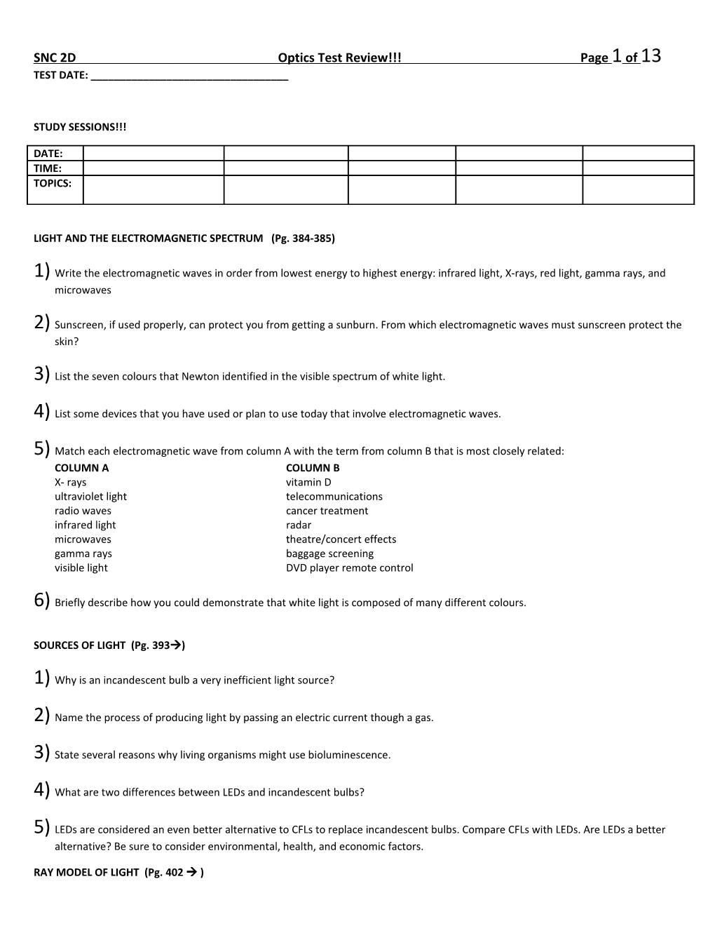 SNC 2D Optics Test Review Page 1 of 10