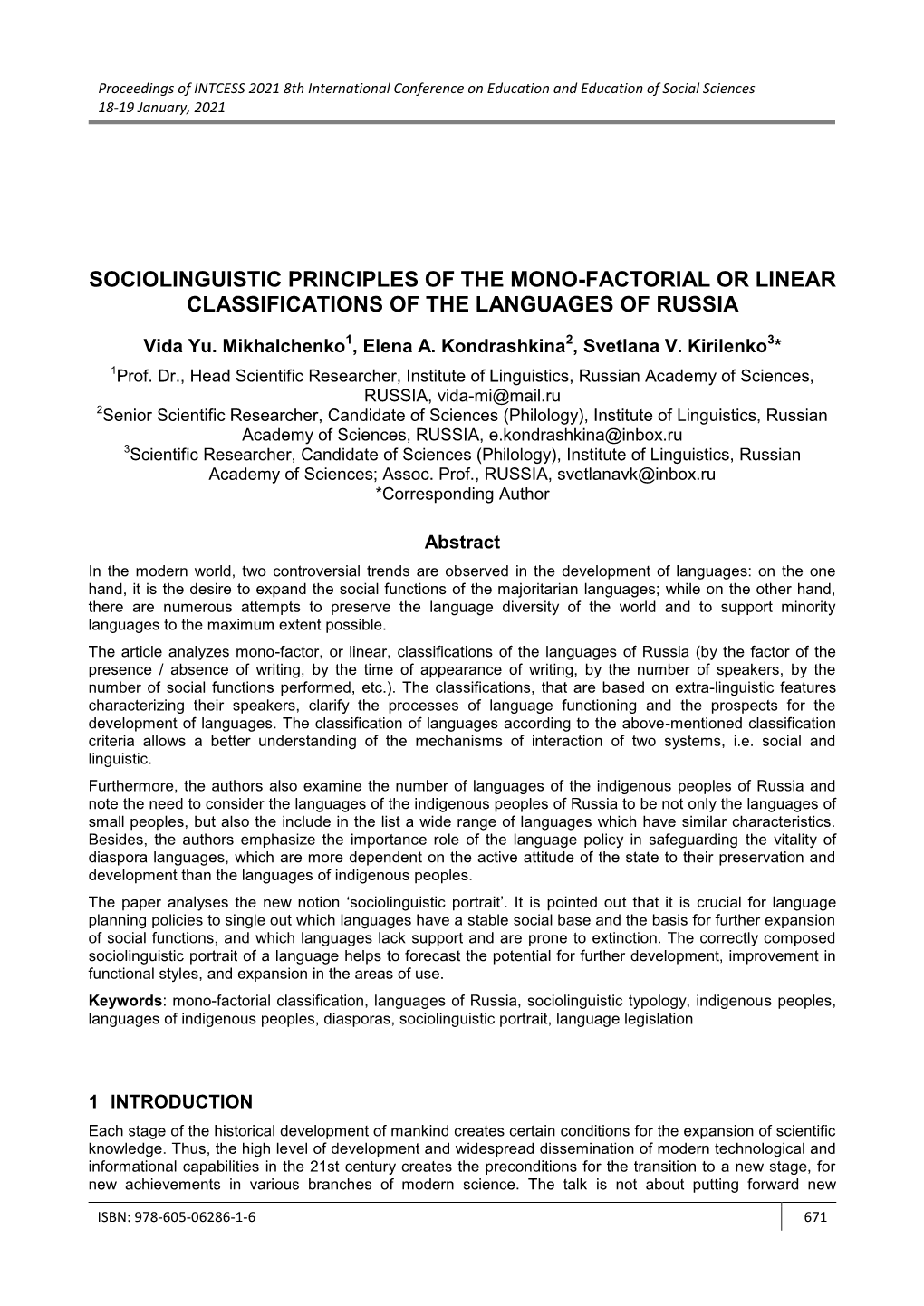 Sociolinguistic Principles of the Mono-Factorial Or Linear Classifications of the Languages of Russia