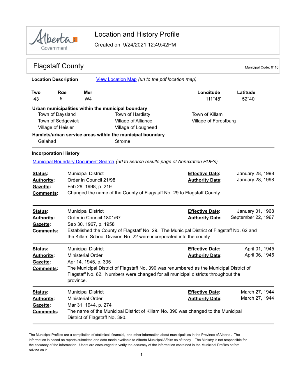 Location and History Profile Flagstaff County
