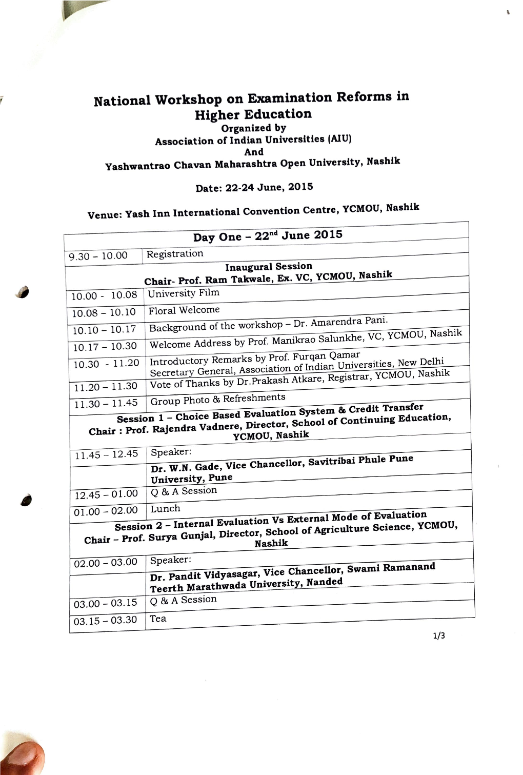 Day One - 22Nd June 2015 9.30 10.00 Registration Inaugural Session Nashik Chair- Prof