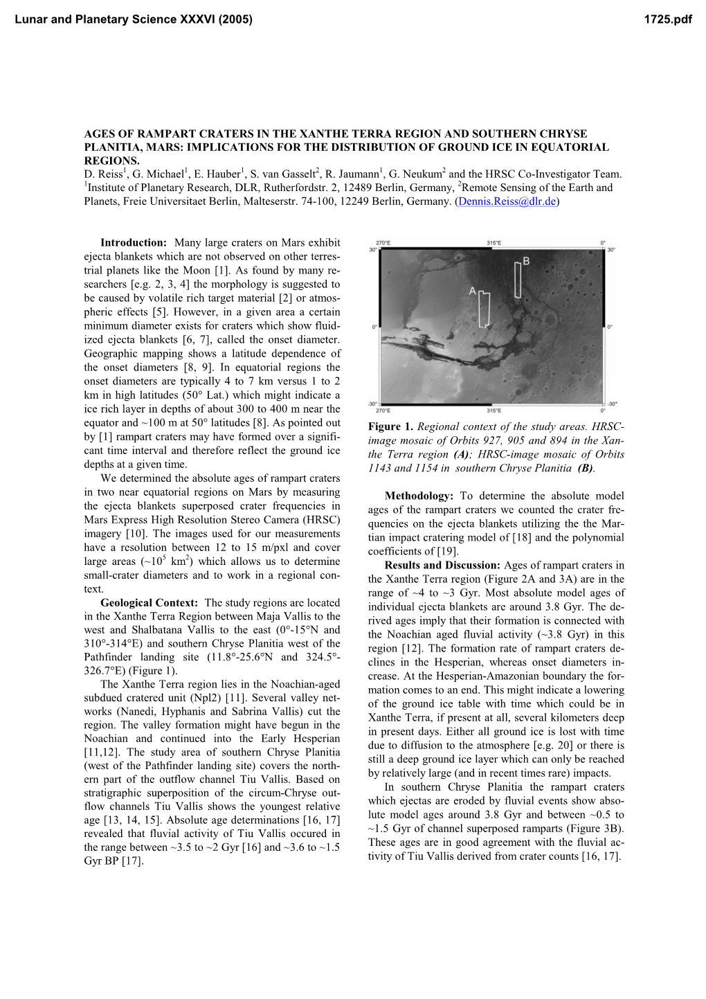 Ages of Rampart Craters in the Xanthe Terra Region and Southern Chryse Planitia, Mars: Implications for the Distribution of Ground Ice in Equatorial Regions