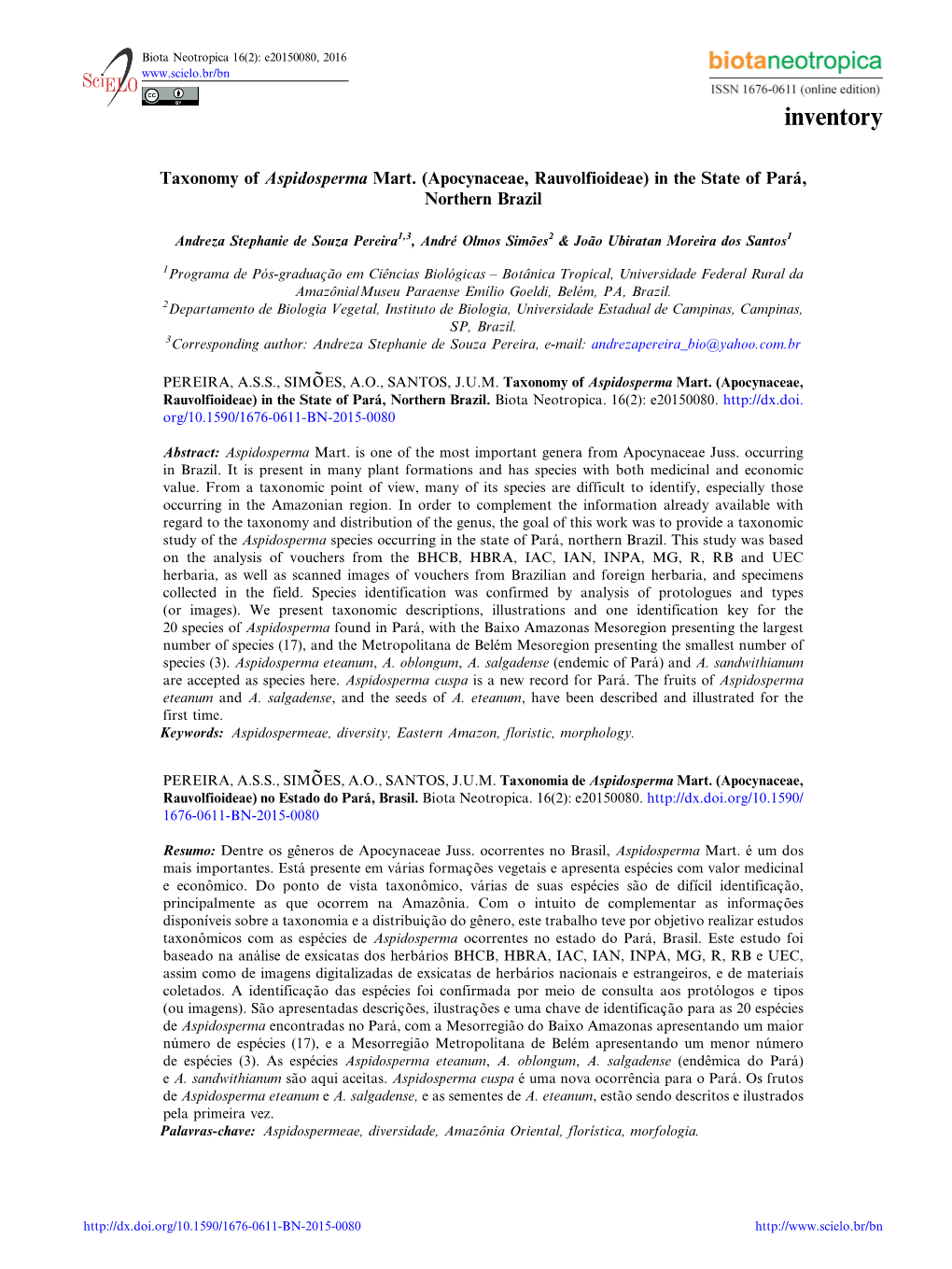 Taxonomy of Aspidosperma Mart.(Apocynaceae, Rauvolfioideae