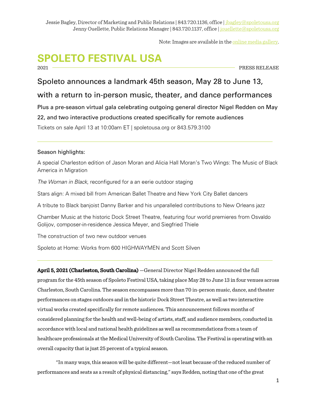 Spoleto Announces a Landmark 45Th Season, May