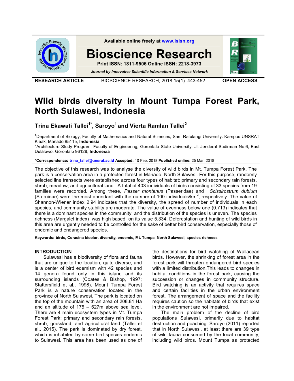Tallei Et Al., Wild Birds Diversity in Mt