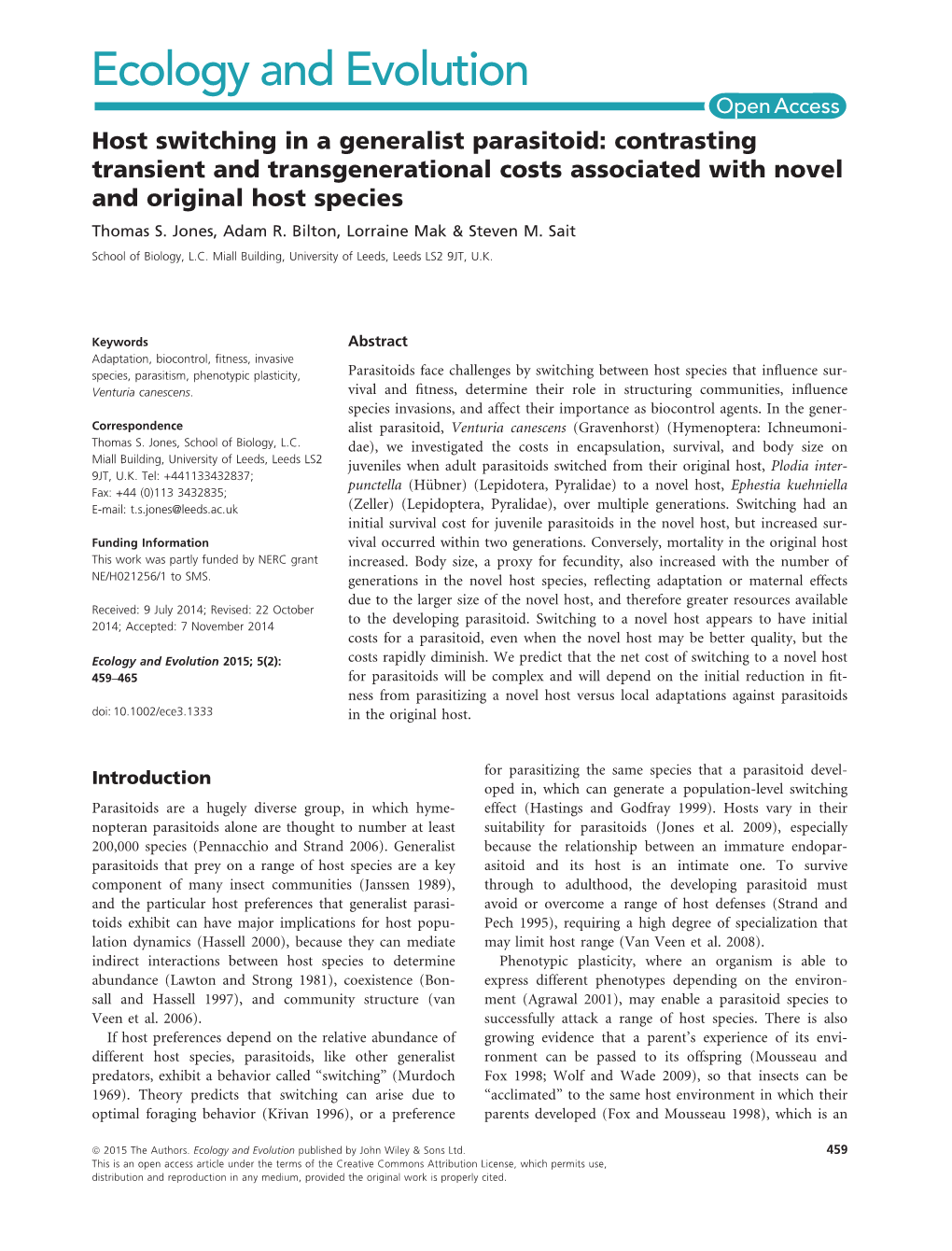Host Switching in a Generalist Parasitoid: Contrasting Transient and Transgenerational Costs Associated with Novel and Original Host Species Thomas S