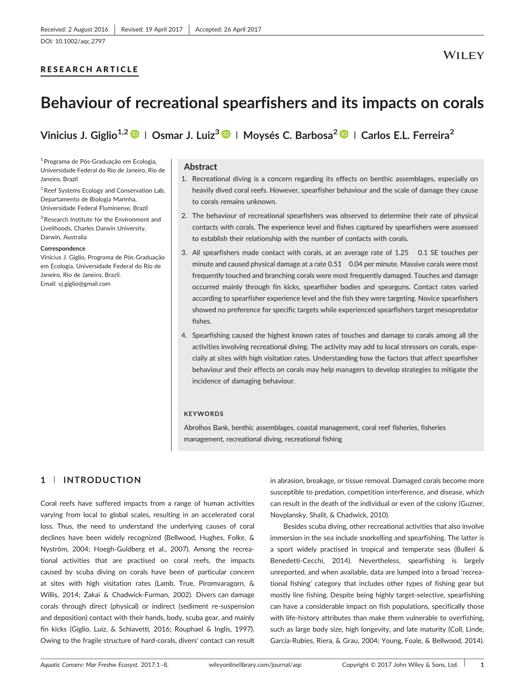 Behaviour of Recreational Spearfishers and Its Impacts on Corals