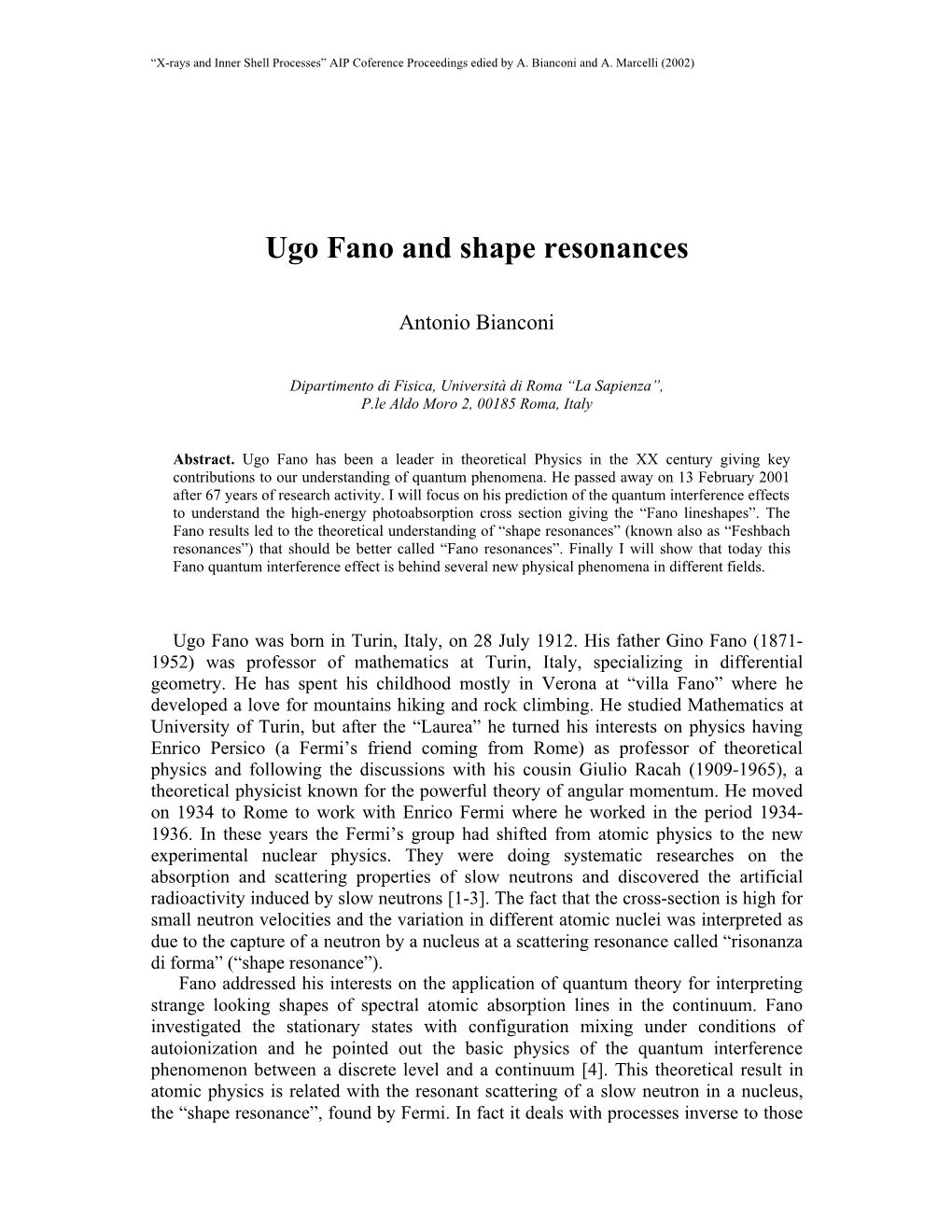 Ugo Fano and Shape Resonances