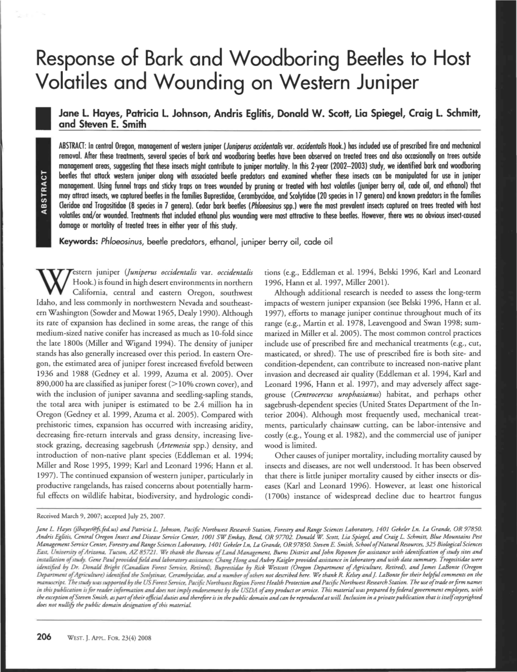 Response of Bark and Woodboring Beetles to Host Volatiles and Wounding on Western Juniper