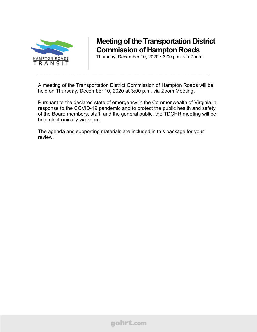 Meeting of the Transportation District Commission of Hampton Roads Thursday, December 10, 2020 • 3:00 P.M