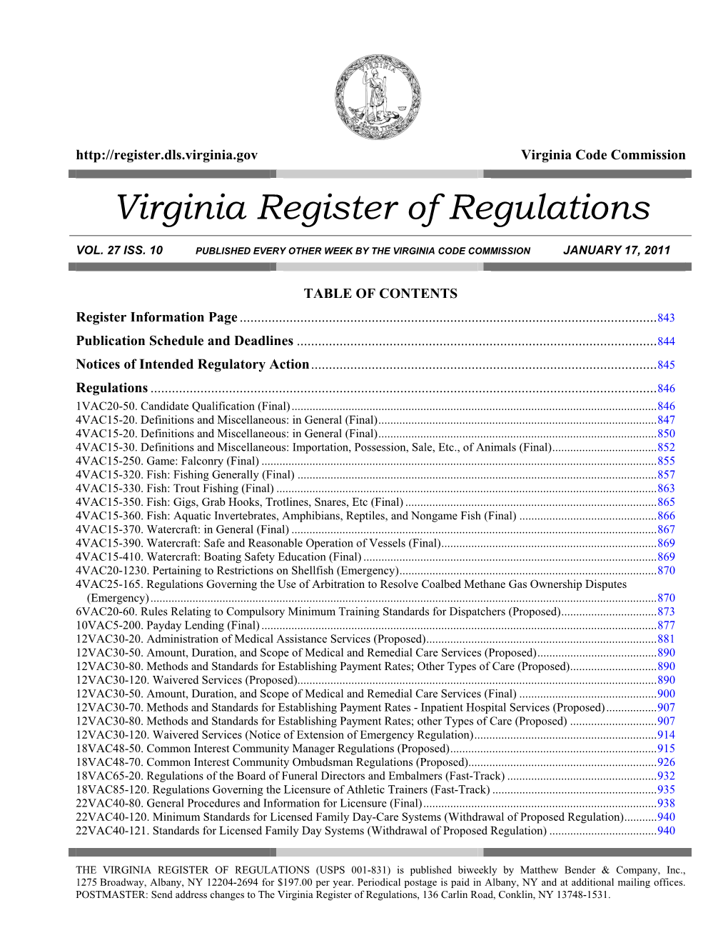 Volume 27, Issue 10 Virginia Register of Regulations January 17, 2011