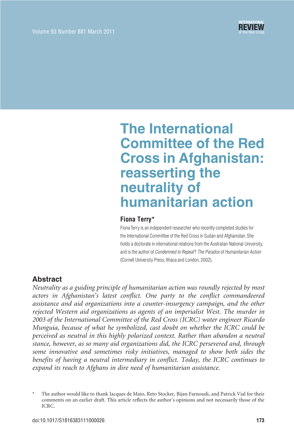 The ICRC in Afghanistan: Reasserting the Neutrality of Humanitarian Action