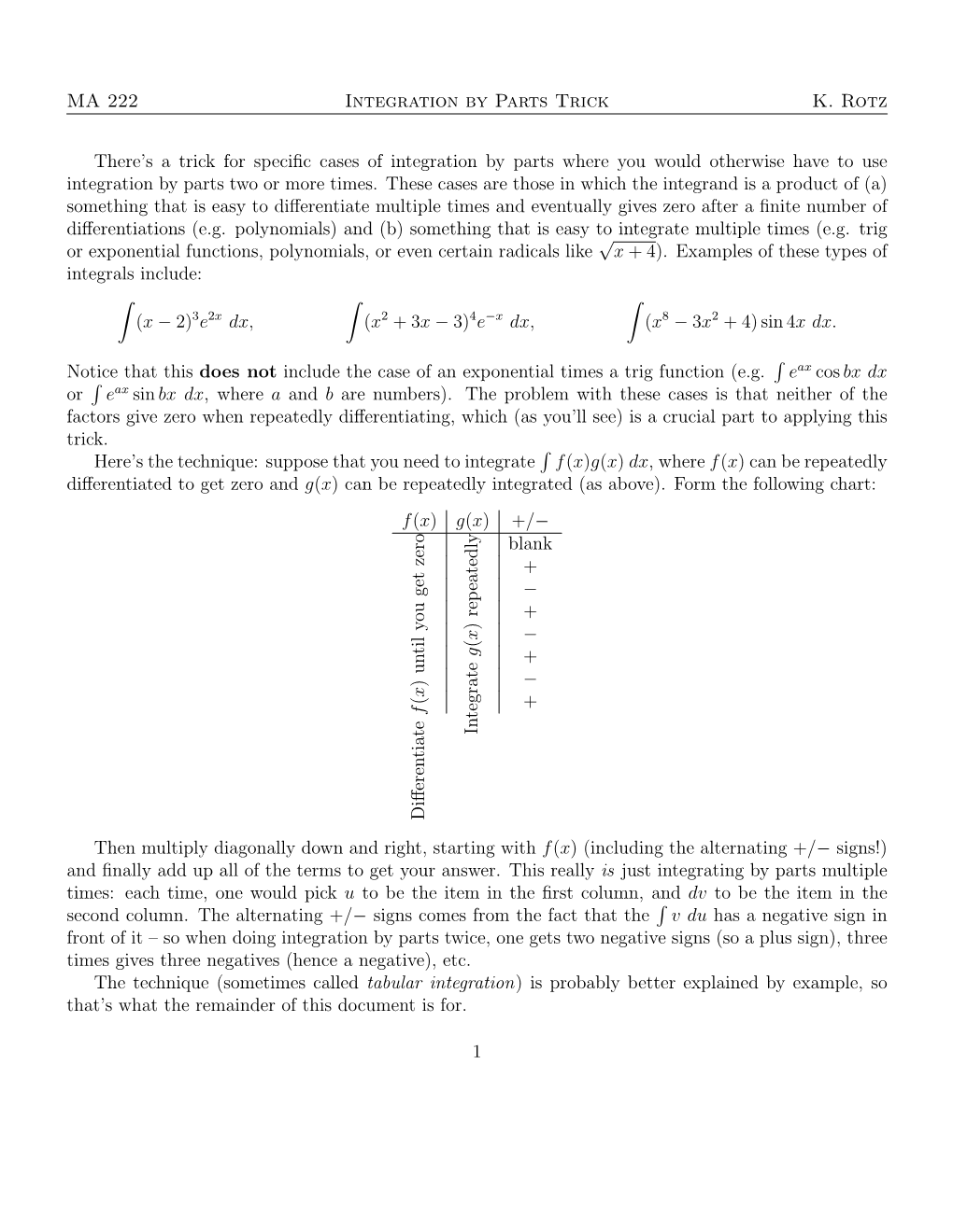 MA 222 Integration by Parts Trick K. Rotz There's a Trick for Specific Cases of Integration by Parts Where You Would Otherwise