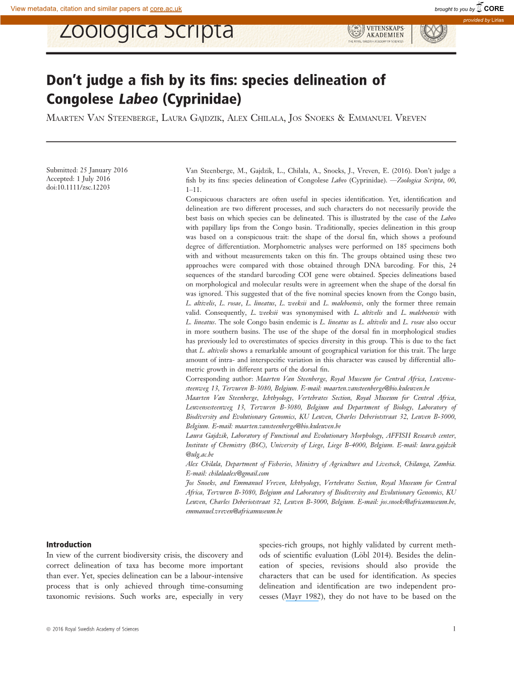 Species Delineation of Congolese Labeo (Cyprinidae)