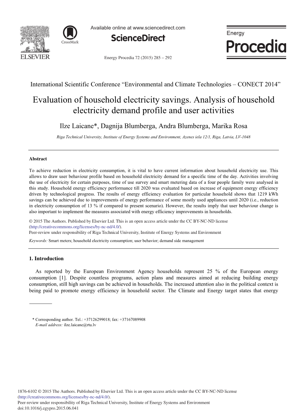 Evaluation of Household Electricity Savings. Analysis of Household Electricity Demand Profile and User Activities