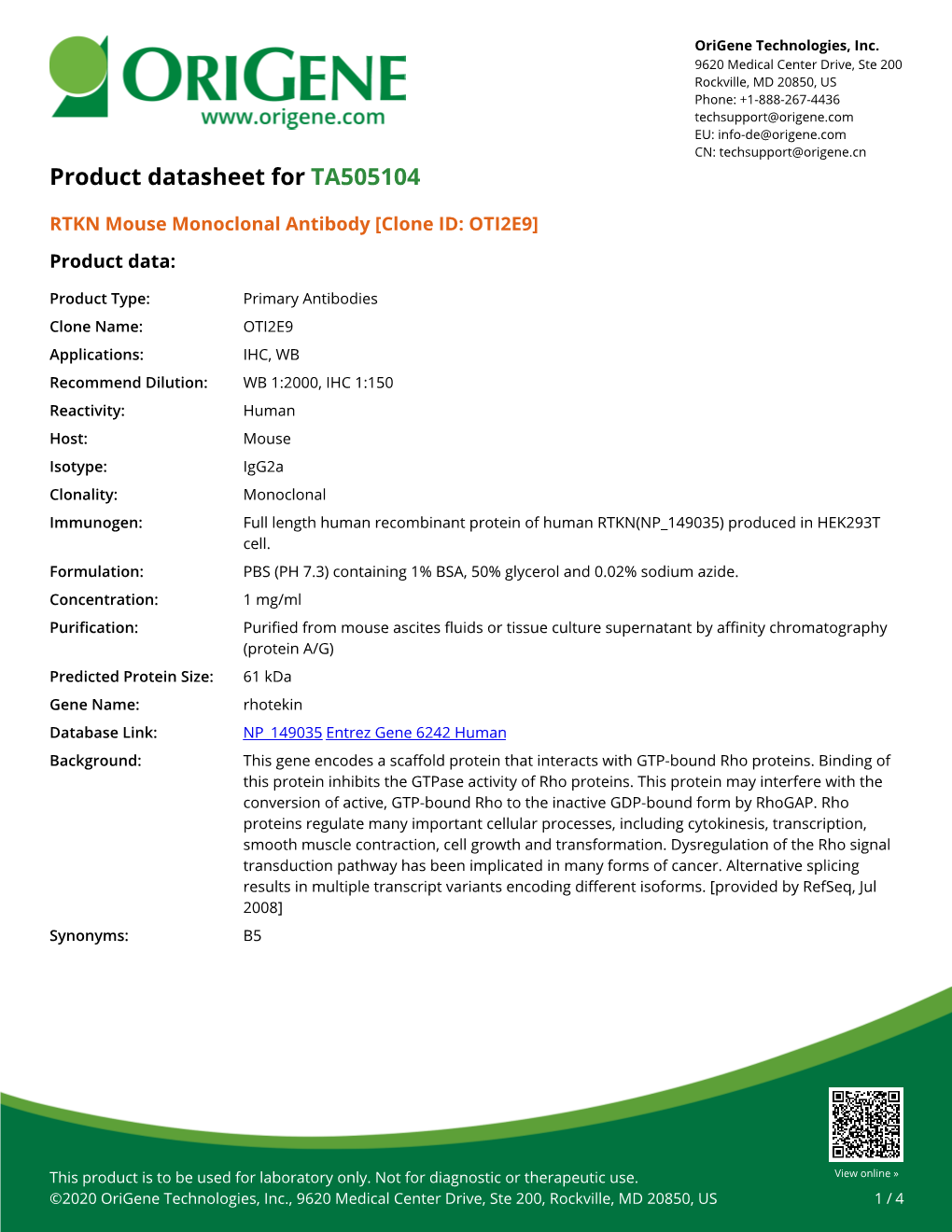 RTKN Mouse Monoclonal Antibody [Clone ID: OTI2E9] – TA505104