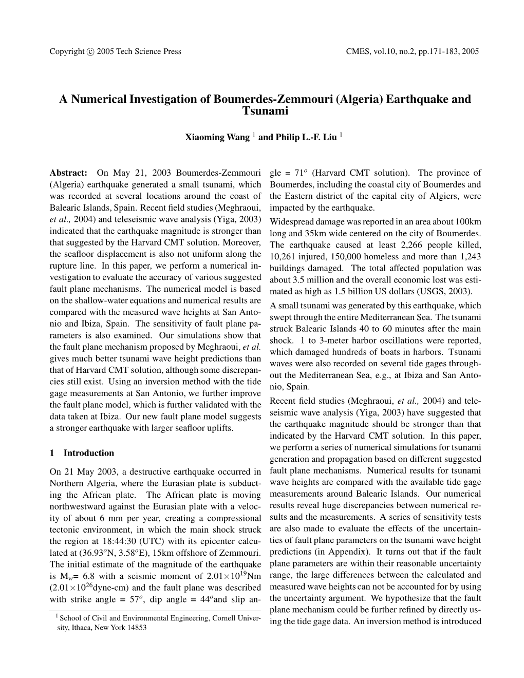 A Numerical Investigation of Boumerdes-Zemmouri (Algeria) Earthquake and Tsunami