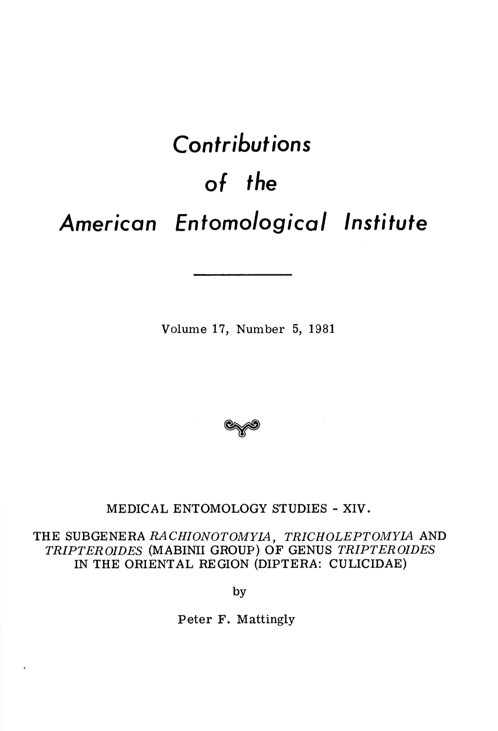 Of Genus Tripter Oides in the Oriental Region (Diptera: Culicidae)