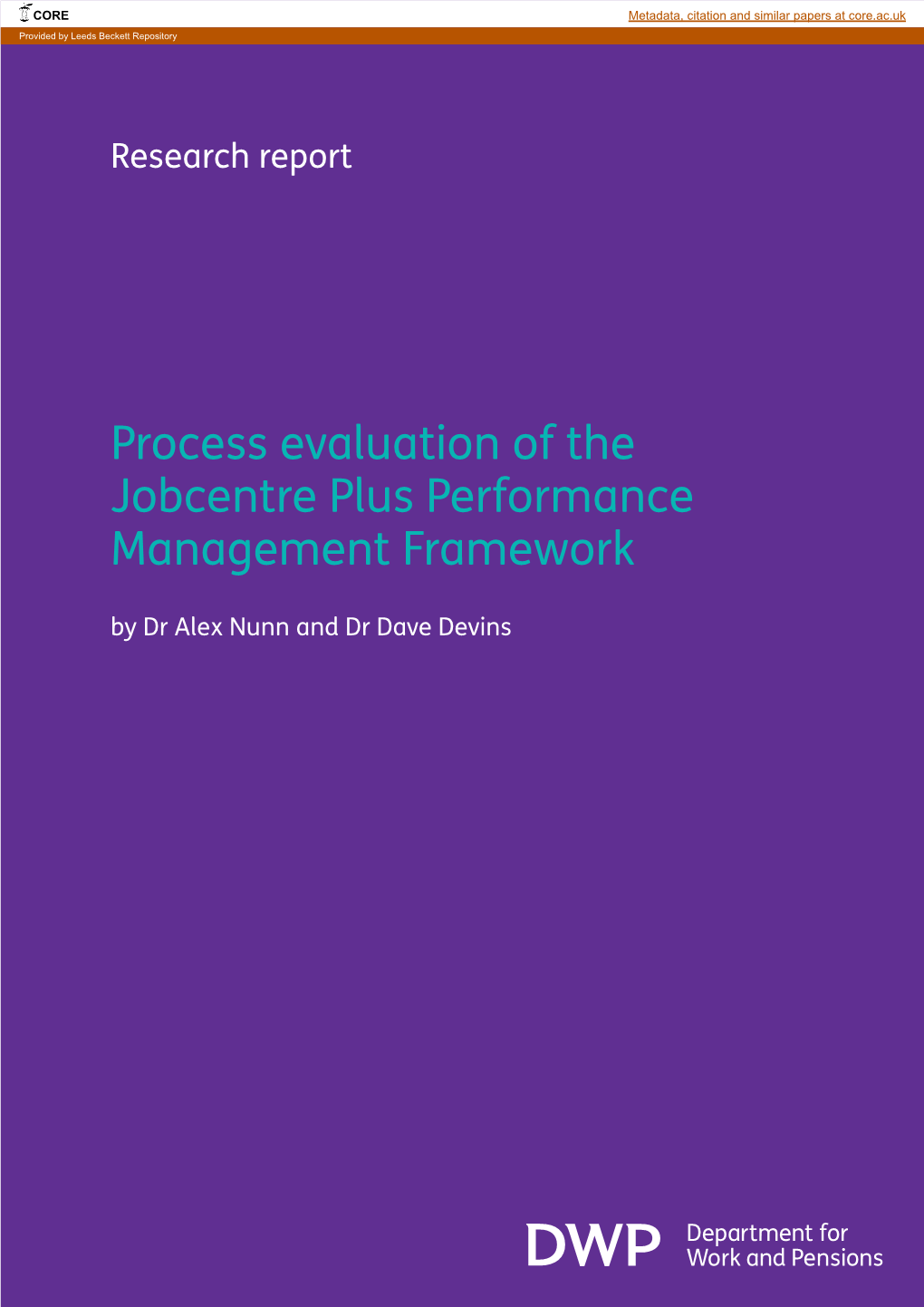 Process Evaluation of the Jobcentre Plus Performance Management Framework
