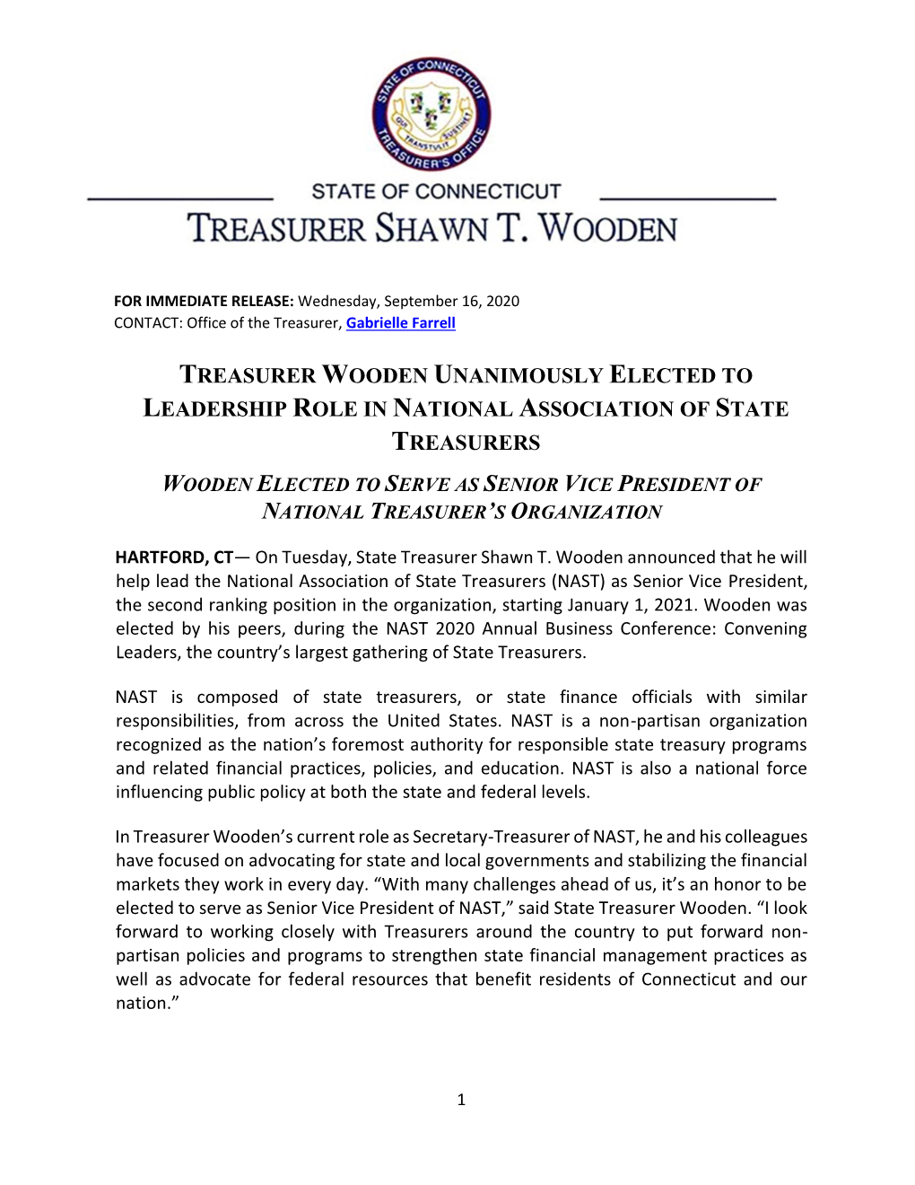 Treasurer Wooden Unanimously Elected to Leadership