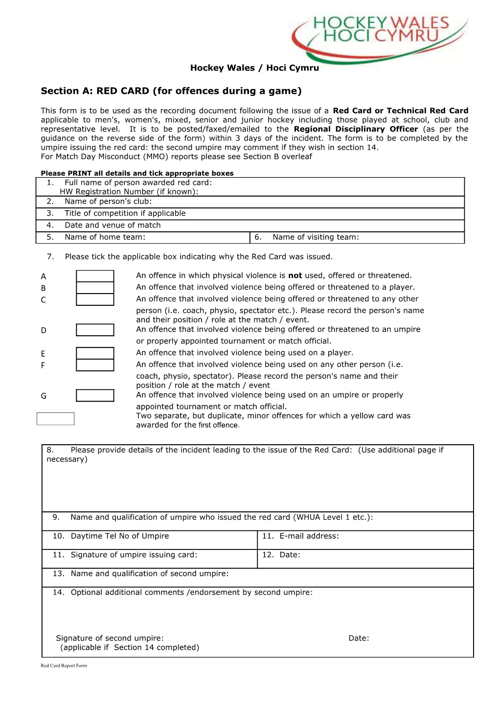 RED CARD REPORT FORM (For Offences During a Game)