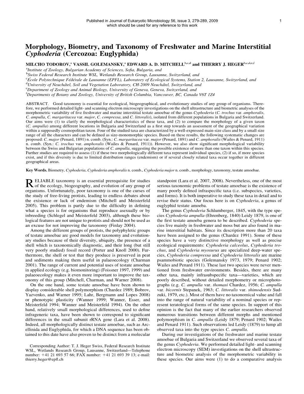 Morphology, Biometry, and Taxonomy of Freshwater and Marine Interstitial Cyphoderia (Cercozoa: Euglyphida)